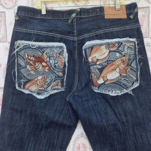 Mens Dark Wash Denim Jeans Embroidered Koi Fish Wave Baggy Y2K Streetwear 38x34